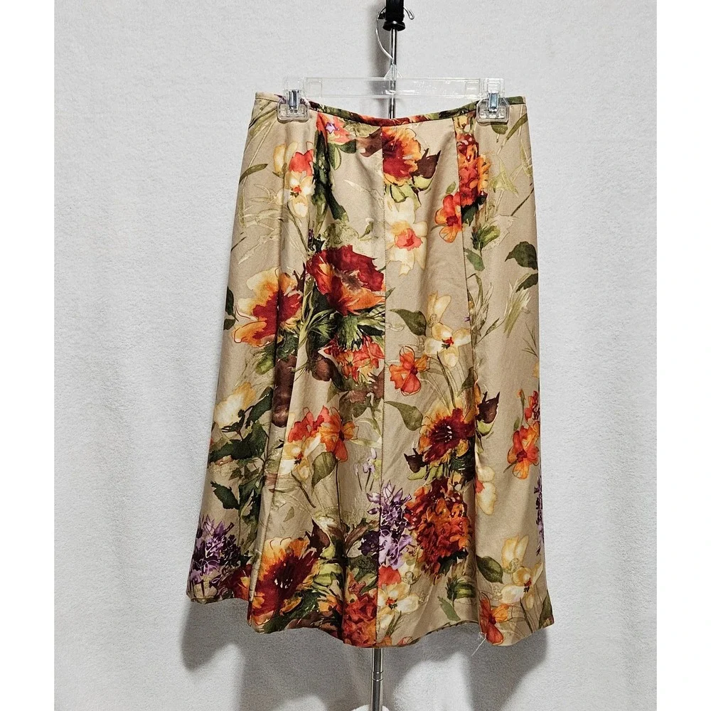 Talbots Petites Silk Wool Floral Midi Skirt Tan Orange Purple Sz. 8P Made in USA